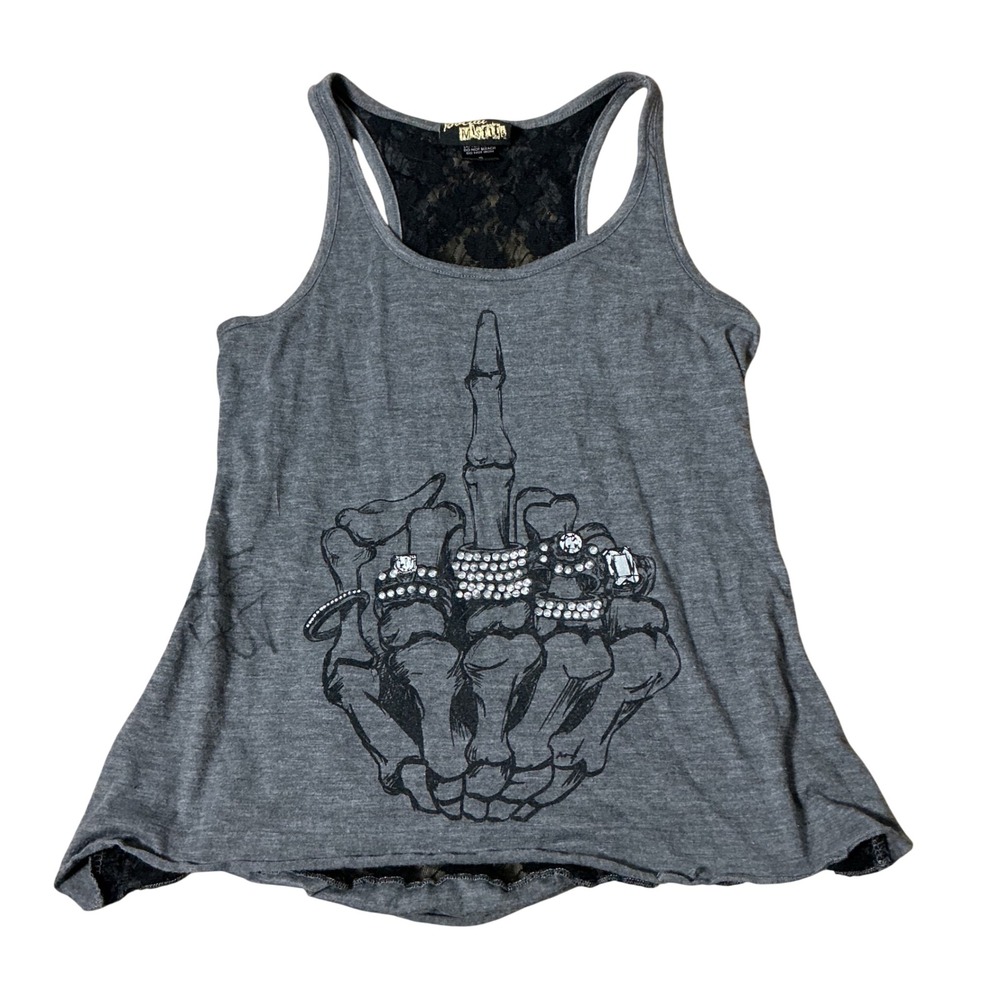 Social Collision Goth Skeleton Hand Rhinestone Shredded Lace Back Tank Top Small